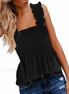 Lasaky - Spaghetti Strap Pleated Crop Top with Pleated Hem Pleated Crop Top, Spring Outerwear, Spring Outfits Dresses, Outer Women, Casual Outerwear, Business Dresses, Sleeveless Vest, Solid Tops, Elegant Outfit