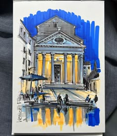 a watercolor drawing of a building with people walking around it on a black surface