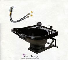 an advertisement for a bathroom with a black sink and faucet in the shape of a wheelbarrow