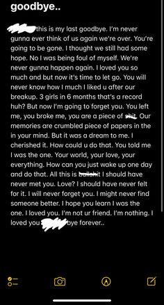 a text message with the words goodbye written in white and black, on an iphone screen