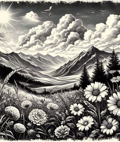 a black and white drawing of mountains with flowers in the foreground, clouds in the background