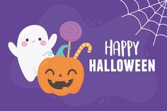 halloween greeting with ghost, pumpkin and candy