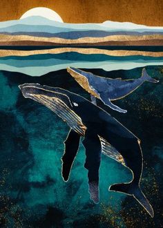 a painting of a humpback whale swimming in the ocean under a full moon