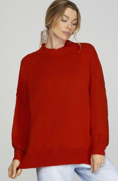 Drop shoulder oversized mock neck sweater top 100% Acrylic Fall Turtleneck With Funnel Neck And Ribbed Neckline, Fall Turtleneck With Ribbed Funnel Neck, Solid Color High Neck Knit Top For Fall, Solid High Neck Knit Top For Fall, Fall Sweater With High Neck And Ribbed Neckline, Casual Mock Neck Top With Ribbed Neckline For Fall, High Neck Knit Top For Fall, Red Sweater With Ribbed Collar For Fall, Oversized Soft Knit High Neck Sweater