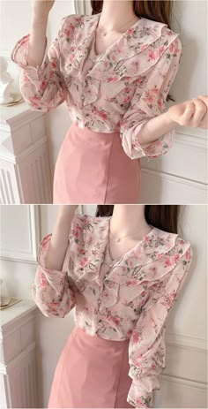 fiona Love Me Flower Chiffon Blouse | Floral for Women | KOODING Feminine Chiffon Blouse For Spring, Chiffon Office Tops For Spring, Chiffon Office Lady Top For Spring, Chiffon Tops For Spring In Office Lady Style, Spring Chiffon Top For Office Wear, Spring Pink Chiffon Blouse, Trendy Chiffon Blouse With Floral Print, Floral Blouse Outfit Work, Elegant Pink Blouse With Floral Print