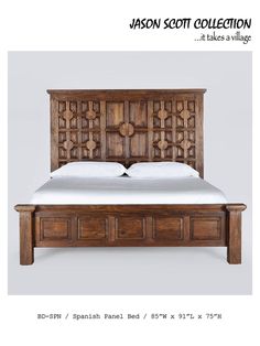 the bed frame is made from wood and has intricate carvings on it's headboard