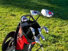 a golf bag with clubs in it sitting on the grass