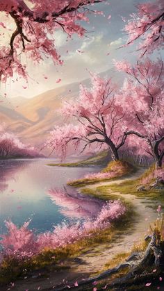 a painting of pink trees and water with mountains in the backgroung area