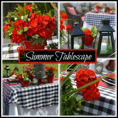 a collage of photos with red flowers in vases and table cloth on it