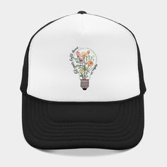 a white and black trucker hat with an image of flowers in a light bulb