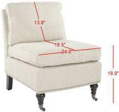 a white chair with measurements for the back and foot rests on it's legs