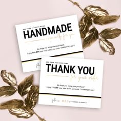 two business cards with gold foil leaves on them and the words handmade are written in black ink