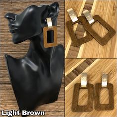 "Rectangle Wooden Earrings. Available in 3 different colors, Dark Brown, Light Brown and Black. Geometric Art. Wood Earrings. Beautiful and Unique Ethnic Design. Gold Tone Metal and Wood Design. Handmade Dangle Earrings Dimensions: 2.75\" Inches x 1.25\" Inches FAST & FREE SHIPPING! Visit my Etsy Shop to see more Designs! Handmade Wooden Earrings, Bracelets and Necklaces. https://www.etsy.com/shop/FreedomLifeStyle" Trendy Brown Rectangular Jewelry, Rasta Earrings, Africa Earrings, Handmade Dangle Earrings, Brown Earrings, Black Earrings Dangle, Earrings Handmade Dangle, Rectangle Earrings, Symbolic Jewelry