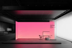 an empty room with pink and white walls