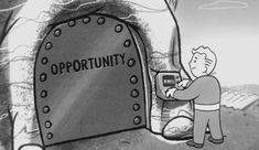 a cartoon depicting a man opening a door with the word opportunity written on it,