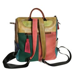 This Hand-colored Backpack is definitely a show-stopper! With contrasting color stitching and PU material, this backpack is sure to turn heads (and carry your stuff!). Wearing this bag is sure to be a journey of fashion and function. Plus, it's hand-colored! Treat your wardrobe to a dose of adventure with this eye-catching piece. This bag adopts an irregular manual color rubbing method. Professional masters purely hand rub the color. The irregular shades of smoky gray retro effect cannot be perf Retro Leather Backpack, Multicolor On-the-go Backpack For Back To School, Retro Bags With Zipper Closure For Back To School, Multicolor Large Capacity Backpack For School, Retro Backpack For Everyday Use And Back To School, Trendy Red Leather Backpack With Zipper Closure, Retro Backpack For Everyday Use With Zipper, Multicolor Rectangular Leather Backpack For Everyday Use, Large Capacity Square Leather Backpack