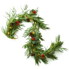 a christmas garland with pine cones and lights