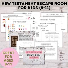 the new testament escape room for kids 8 - 11 with text overlaying it