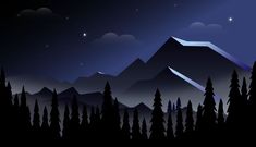 a night scene with mountains and trees in the foreground