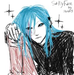 a drawing of a person with blue hair