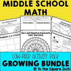 Middle School Math Activity Pack BundleThis low prep math activity pack offers a wide variety of middle school math games and activities including math mazes, centers, color by numbers, dice activities and so much more.  Covering 24 different middle school math subjects, this set will keep your classroom fun!This bundle currently includes 24 sets of middle school math low prep activity pack.  Subjects included in the bundle:Finding LCMFinding GCFEquivalent RatiosPrime FactorizationWriting Algebr Dice Activities, Math Maze, Maths Activities Middle School, Positive Numbers, Combining Like Terms, Like Terms, Solving Equations, Math Activity, Games And Activities