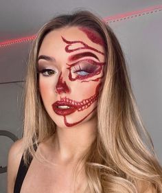 Halloween Makeup For Red Hair, Kids Halloween Makeup Ideas, Halloween Face Painting For Women, Halloween Inspired Makeup Looks, Red Liner Makeup Looks, Diamond Skull Makeup, Rhinestone Makeup Halloween, Fun Halloween Makeup Looks, Red Halloween Makeup