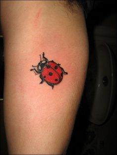 a ladybug tattoo on the right arm