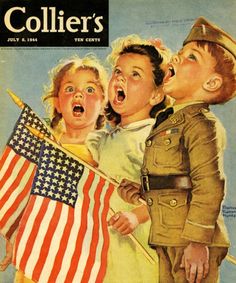 an old children's magazine cover with two boys and one girl holding flags