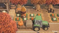 an animated farm scene with pumpkins and a tractor