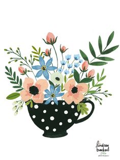 a painting of flowers in a polka dot cup