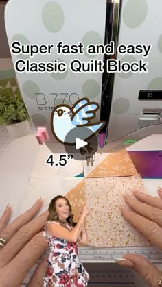 a woman is cutting paper with scissors on top of a sewing machine and the words super fast and easy classic quilt block below it