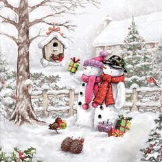 two snowmen are standing in the snow near a birdhouse and christmas tree with presents