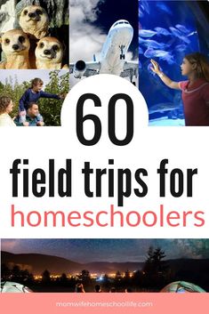 the words, 60 field trips for homeschoolers are overlaid by images of people and animals