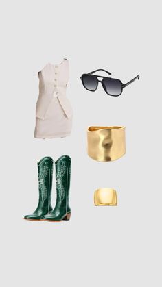 an assortment of accessories including boots, sunglasses and bracelets