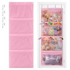 the pink hanging organizer is next to an open door with stuffed animals and toys on it