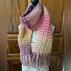 New! Handmade Lacy Type Weave Scarf With Fringe In Beautiful Colors Of Pinks,Rose, Mauves And Some Wheat Shades All Variegated Into Beauty! Approximately 6-3/4 In Wide X 66 In Long Including Fringe. Mach Wash In Garment Bag And Lay Flat To Dry. Acrylic Premium Yarn. Non Smoking/No Pets In Craft Room. Knit Fringe Scarf Pattern, Ladder Yarn Scarf, Knitted Shawl With Fringe, Tassles On Crochet Scarf, Adding Tassels To Scarf, Fringe Scarf Crochet, Poncho Wrap Shawl, Crochet Ruffle Scarf, Crochet Scarfs