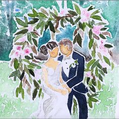 a painting of a bride and groom under a tree with flowers in the foreground