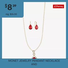 # Pieces In Set: 2Included: 1 Necklace(s), 1 Pair of EarringsFeatures: In A Gift Box, Adjustable ChainEarring Back: WireJewelry Closure: Lobster ClaspLink Construction: SolidShape: TeardropMetal Color: Gold ToneChain Length: 17 InchEarring Length: 28mmEarring Width: 11.5mmExtender Length: 2 InchPendant Length: 43mmPendant Width: 21mmChain Construction: RoloCare: Wipe CleanStone Type: 3 GlassEarrings Type: Wire EarringsEarrings Style: Drop EarringsMetal: ZincNecklace Type: Pendant NecklacesPenda… Red Metal Jewelry For Mother's Day, Jewelry Set Red, Monet Jewelry, Red One, Jewelry Pendant, Drop Earring, Glass Jewelry, Type 3, Wire Jewelry