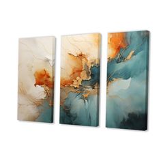 three abstract paintings with gold and blue colors