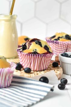 some blueberry muffins are sitting on a table