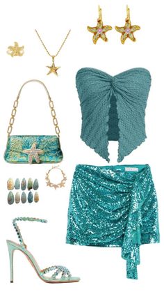 a woman's outfit and accessories including shoes, necklaces, bracelets and handbag