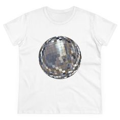 disco fitted tee, disco t-shirt, disco ball tee, disco ball shirt, disco cowgirl shirt, disco vibes shirt, disco gift ideas, disco Christmas, disco christmas gift, christmas gift ideas SHIRT DETAILS: What's better than a soft, light cotton, quality t-shirt in your wardrobe? This comfy, contoured 100% cotton tee offers a semi-fitted silhouette and is pre-shrunk to ensure it stays a staple for longer. It features cap sleeves and a taped neck and shoulders. .: 100% cotton (fiber content may vary fo Trendy Fitted T-shirt For Party, Trendy Fitted T-shirt For Party Season, Fitted Silver T-shirt With Short Sleeves, Fitted Disco T-shirt For Summer, Disco Style Graphic Print T-shirt With Short Sleeves, Fitted Graphic Print T-shirt For Party, Cowgirl Disco, Christmas Disco, Disco Christmas