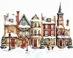 a large group of houses covered in snow with christmas decorations on the windows and wreaths