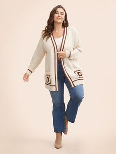 Shoulder Cardigan, Cardigans Women, Drop Shoulder Cardigan, Floral Patches, Trendy Sweaters, Beige Style, Pocket Belt, Winter Colors, Casual Everyday