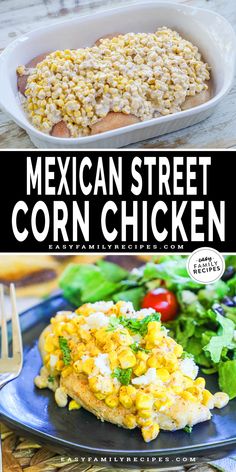 mexican street corn chicken on a blue plate