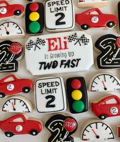 decorated cookies in the shape of cars and speedometers