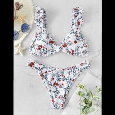 New! Floral Design With Ruffle Top High Leg Bikini Bottom Zaful Bikinis, Floral Printing, Long Bodycon Dress, Mini Robes, Cute Bikinis, Collar Pattern, Floral Ruffle, Long Sleeve Bodycon Dress, Swimwear Collection