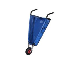 a hand truck with blue tarp on the front and black wheels, attached to a white background