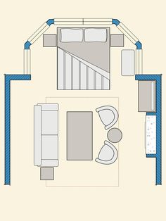 a drawing of a living room and bedroom with blue lines on the walls, floor plan