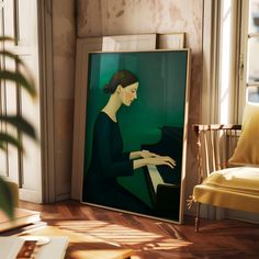 a painting of a woman playing the piano in front of a window with a yellow chair